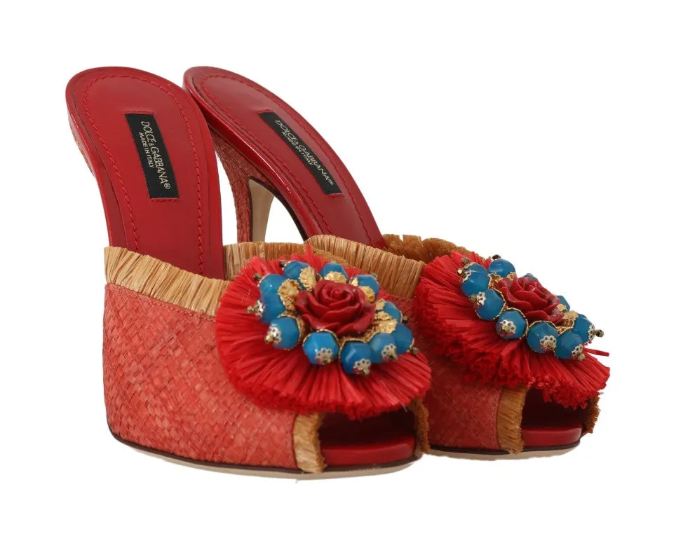 Red Straw Open Toes Crystal Sandals