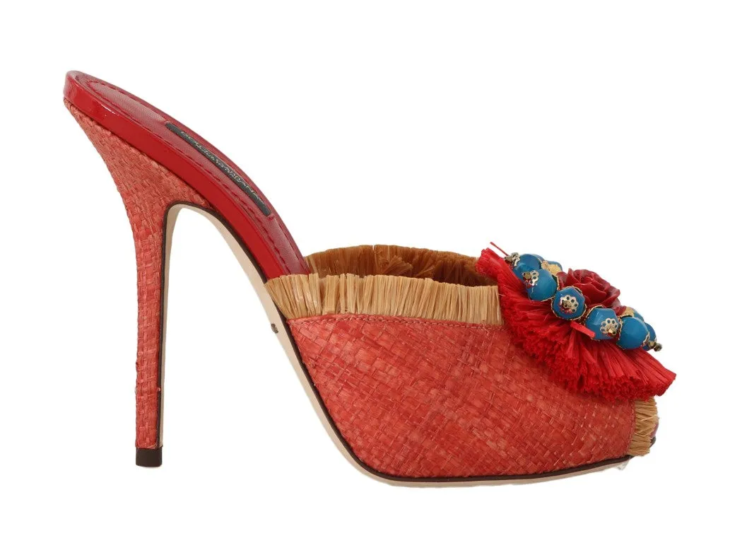 Red Straw Open Toes Crystal Sandals