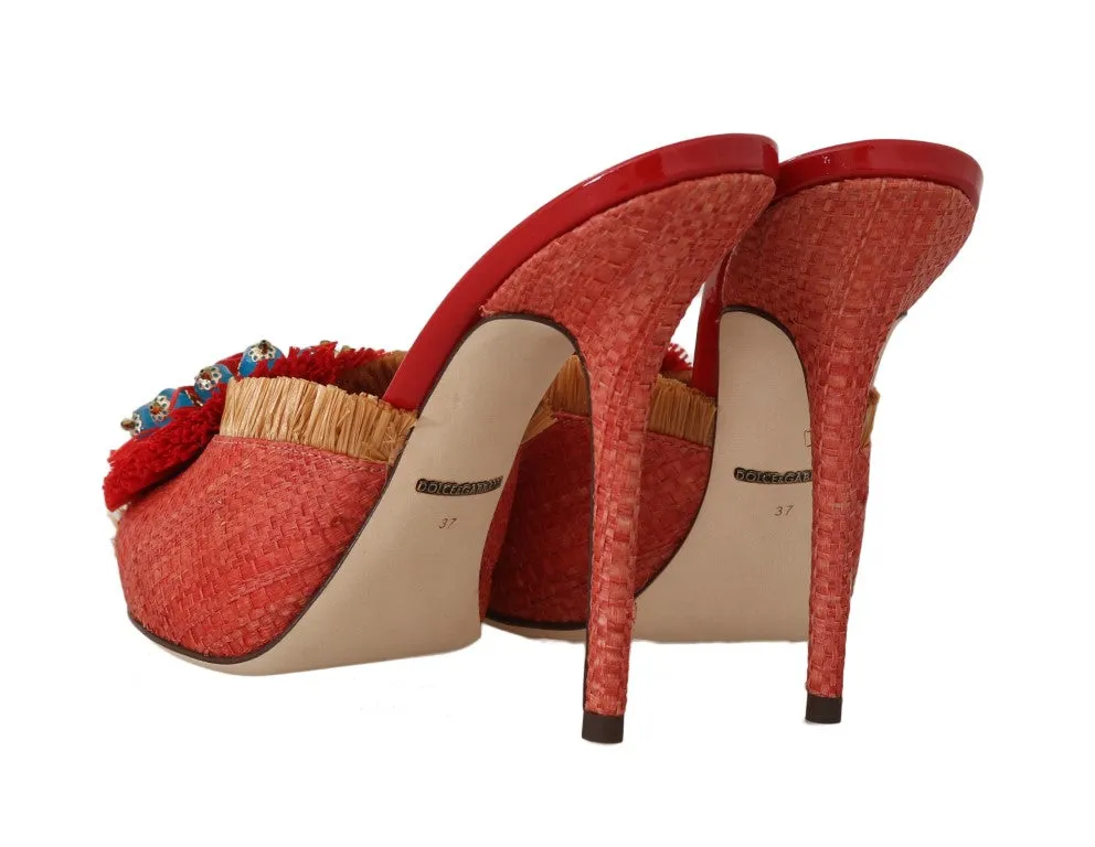 Red Straw Open Toes Crystal Sandals