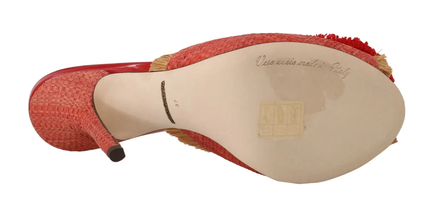 Red Straw Open Toes Crystal Sandals