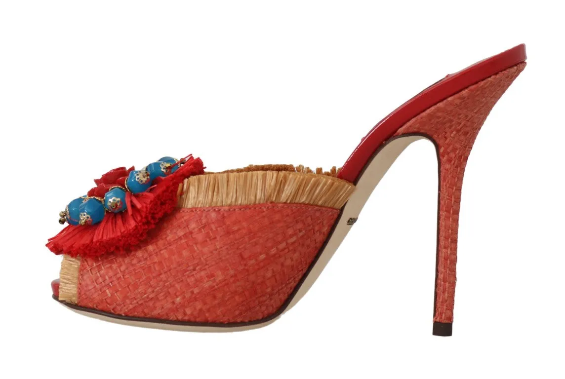 Red Straw Open Toes Crystal Sandals