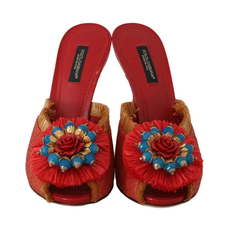 Red Straw Open Toes Crystal Sandals