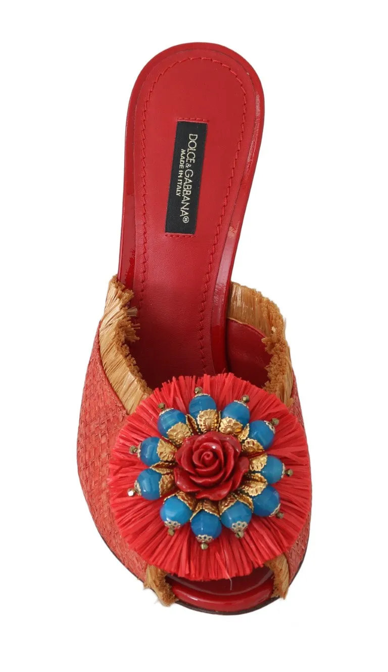 Red Straw Open Toes Crystal Sandals