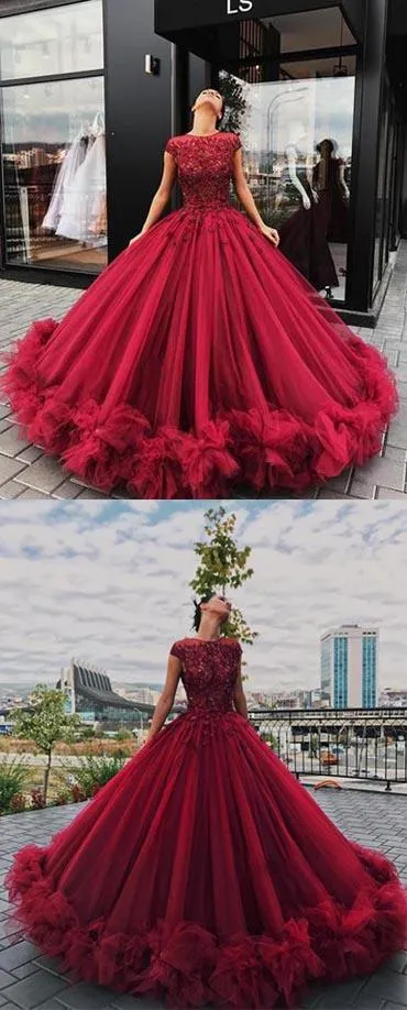 Red Tulle Ball Gown Quinceanera Dresses, Prom Dress With Appliques, MP366