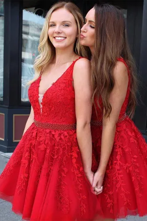 Red Tulle Lace V Neck Short Prom Dress Homecoming Dresses with Applique, MH301