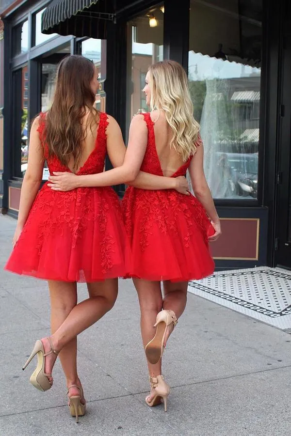 Red Tulle Lace V Neck Short Prom Dress Homecoming Dresses with Applique, MH301