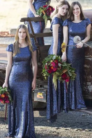 Royal Blue Cap Sleeve Sequin Mermaid Round Neck Long Bridesmaid Dresses, MB153