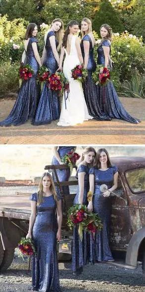 Royal Blue Cap Sleeve Sequin Mermaid Round Neck Long Bridesmaid Dresses, MB153