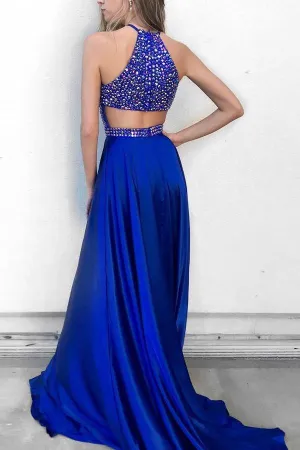 Royal Blue Satin Halter Rhinestone Beaded Formal Dress Shine Prom Dresses, MP372