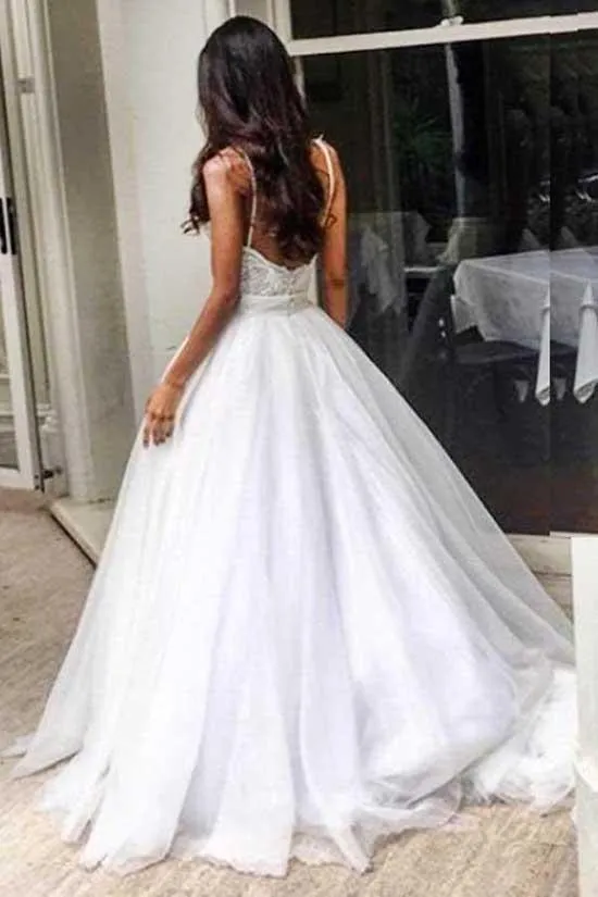 Roycebridal Elegant Spaghetti Straps Backless Lace Top Wedding Dress with Sweep Train, MW136