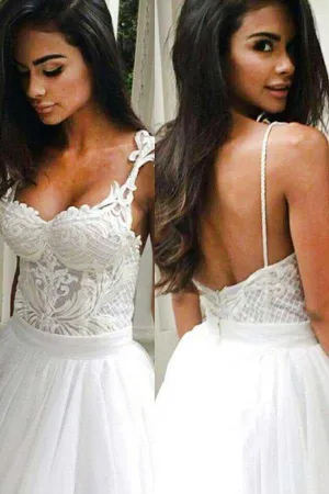 Roycebridal Elegant Spaghetti Straps Backless Lace Top Wedding Dress with Sweep Train, MW136
