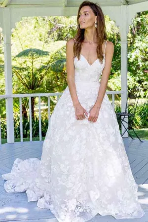 Roycebridal Fabulous White Spaghetti Straps A-Line Backless Lace Long Wedding Dresses, MW152