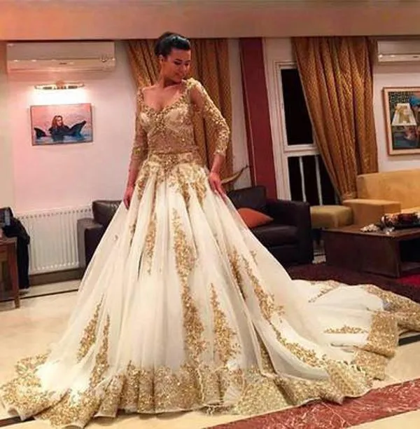 Roycebridal Gold Lace Beaded V-Neck Long Sleeves Ball Gown Wedding Dresses with Chapel Train, MW154