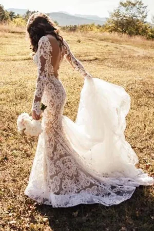 Roycebridal Gorgeous Ivory Backless Lace Mermaid Long Wedding Dresses with Appliques, MW155