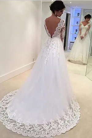 Roycebridal Gorgeous White V-neck Open Back Long Sleeves Lace Appliques Wedding Dress, MW158