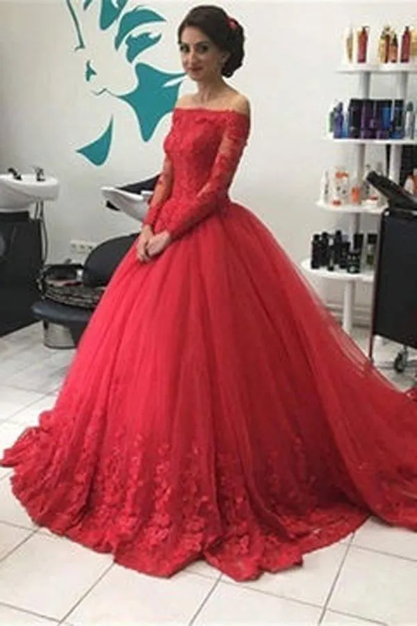 Roycebridal Red Off Shoulder Lace Tulle Long Sleeves Prom Dress Ball Gown Wedding Dresses, MP351