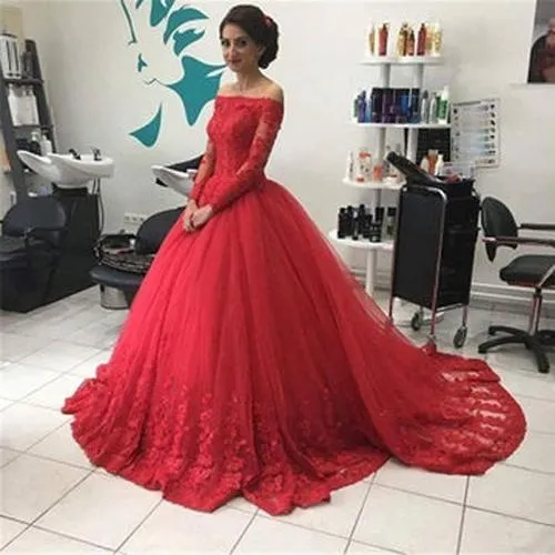 Roycebridal Red Off Shoulder Lace Tulle Long Sleeves Prom Dress Ball Gown Wedding Dresses, MP351