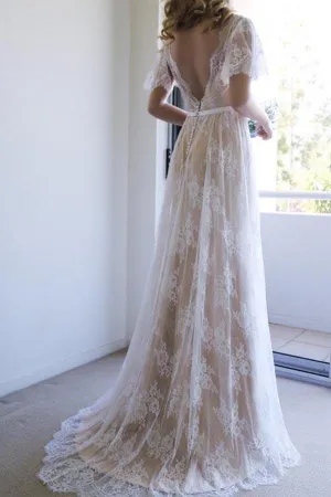 Roycebridal Romantic White Open Back Half Sleeves A-line Lace Long Wedding Dress, MW208