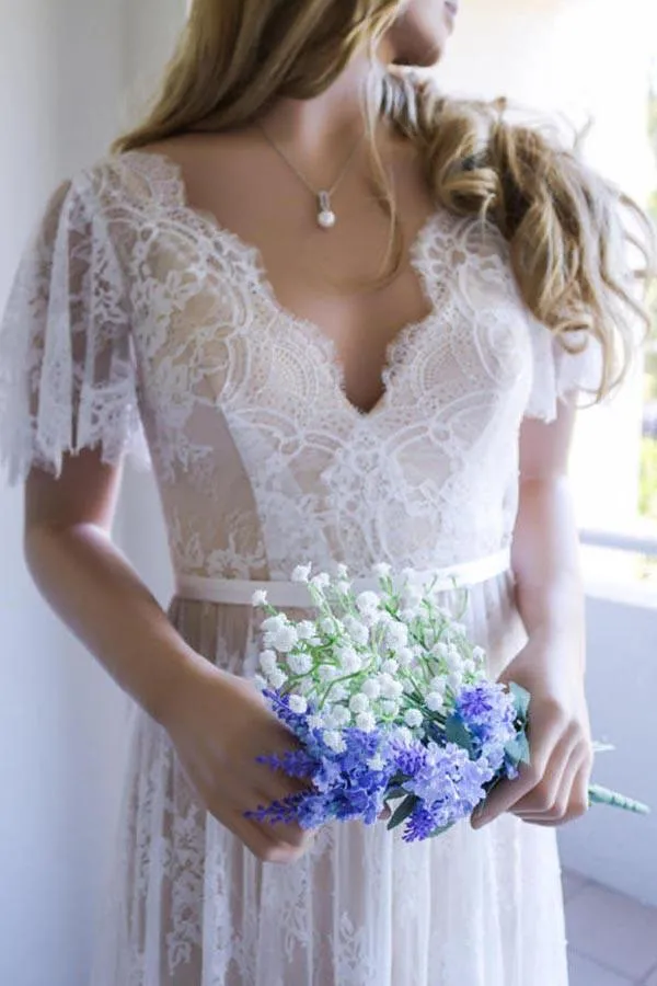 Roycebridal Romantic White Open Back Half Sleeves A-line Lace Long Wedding Dress, MW208