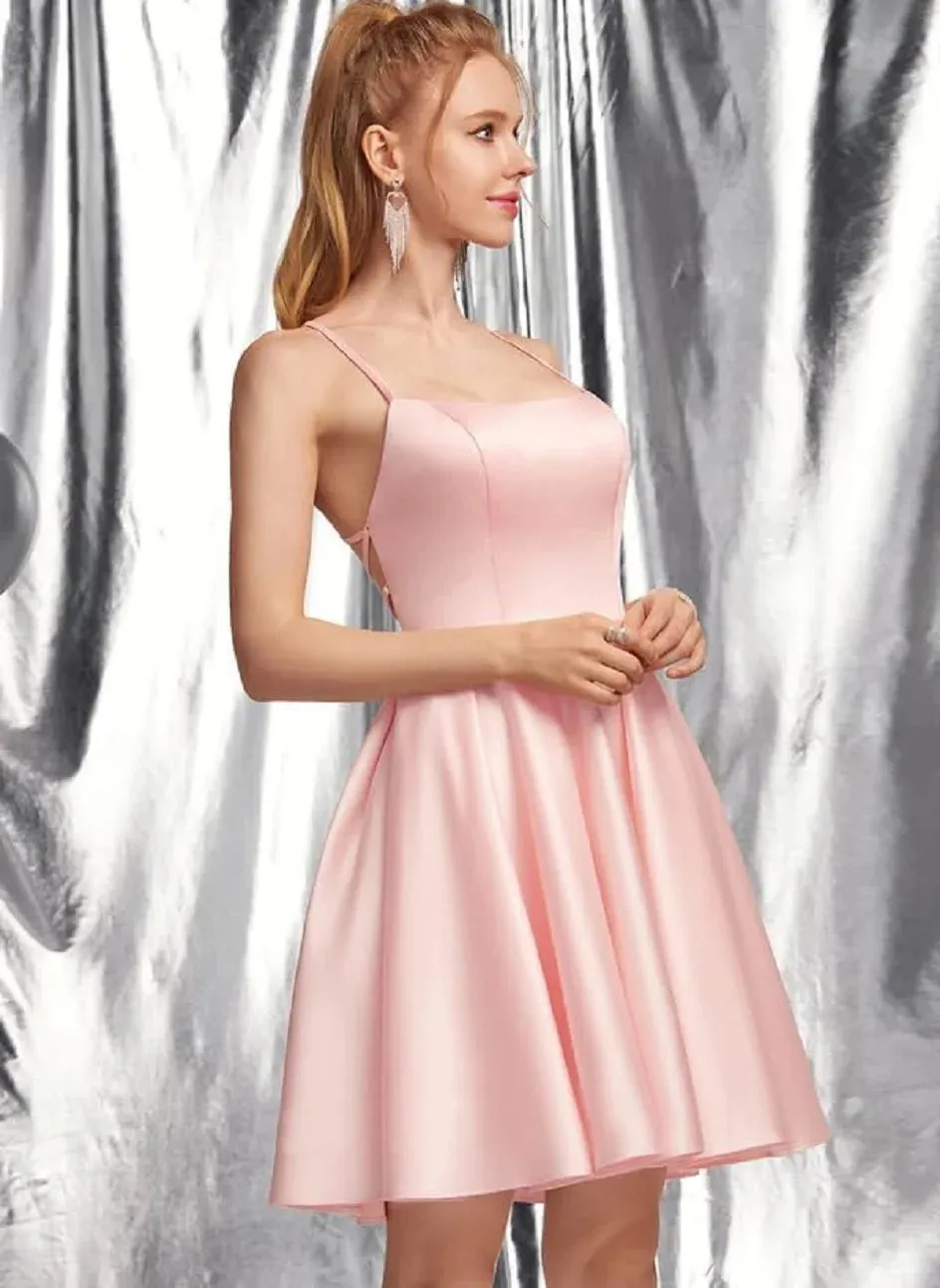 Roycebridal Simple A-line Spaghetti Strap Satin Mini Homecoming Dresses Backless Sleevele Wedding Dress Graduation vestidos coctel elegantes
