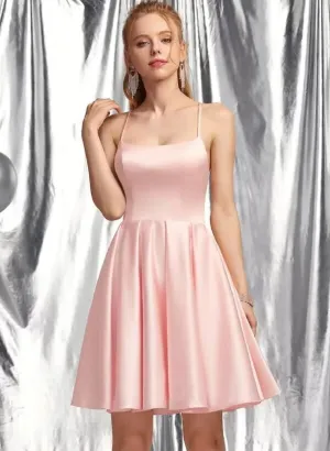 Roycebridal Simple A-line Spaghetti Strap Satin Mini Homecoming Dresses Backless Sleevele Wedding Dress Graduation vestidos coctel elegantes