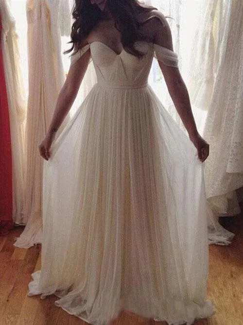 Roycebridal Simple Chiffon Ivory A-line Off Shoulder Summer Beach Wedding Dress, MW171