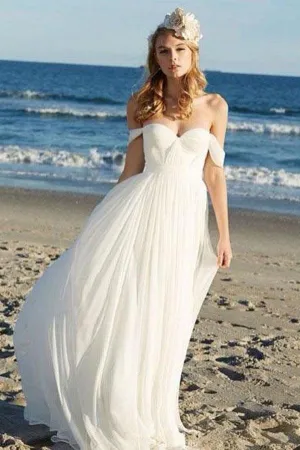 Roycebridal Simple Chiffon Ivory A-line Off Shoulder Summer Beach Wedding Dress, MW171