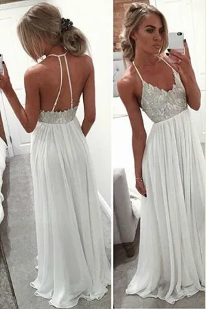 Roycebridal White Halter Floor Length Beach Wedding Dresses, Beaded Cheap Prom Dress, MP256