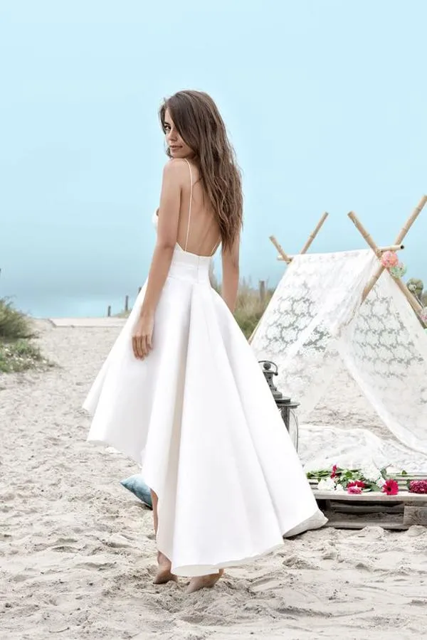 Roycebridal White High Low Sweetheart Spaghetti Straps Simple Beach Wedding Dresses, MW223