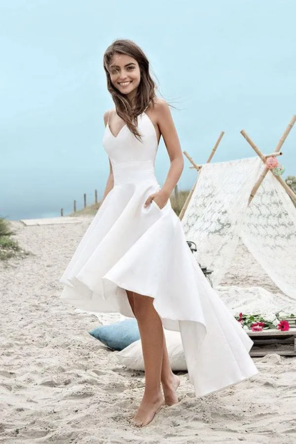 Roycebridal White High Low Sweetheart Spaghetti Straps Simple Beach Wedding Dresses, MW223