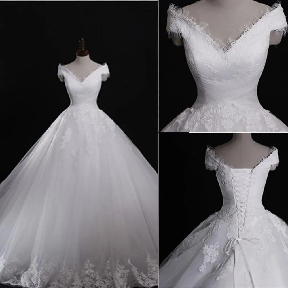 Roycebridal White Lace Classic Style Off Shoulder Lace Up Vantage Wedding Dress, MW186
