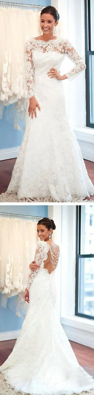 Roycebridal White Long Sleeve Lace Round Neck Backless Mermaid Wedding Dresses, MW242