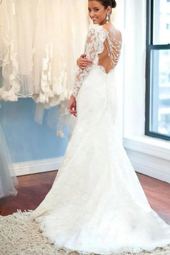 Roycebridal White Long Sleeve Lace Round Neck Backless Mermaid Wedding Dresses, MW242