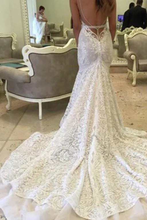 Roycebridal White Sweetheart Lace Mermaid Spaghetti Open Back Wedding Dresses, MW259