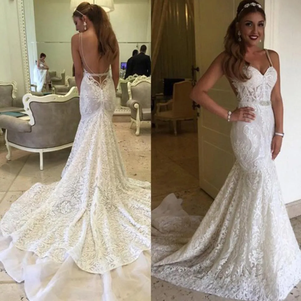 Roycebridal White Sweetheart Lace Mermaid Spaghetti Open Back Wedding Dresses, MW259