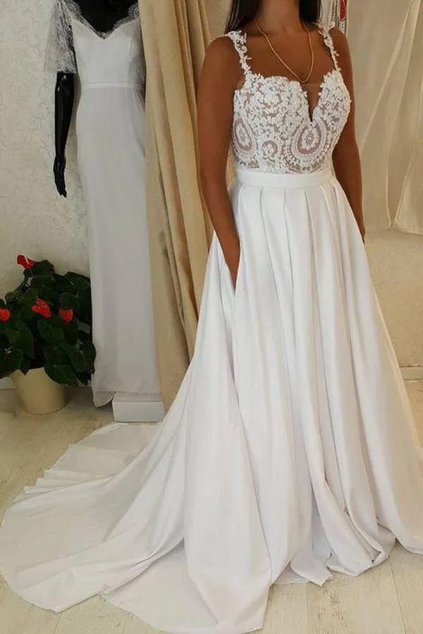 Roycebridal White Sweetheart Lace Top Spaghetti Straps Long Wedding Dresses with Pocket, MW221