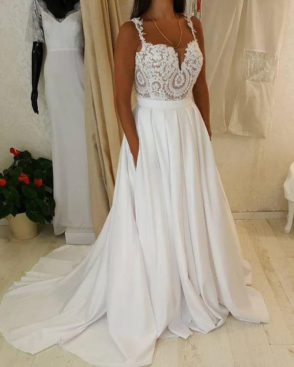 Roycebridal White Sweetheart Lace Top Spaghetti Straps Long Wedding Dresses with Pocket, MW221