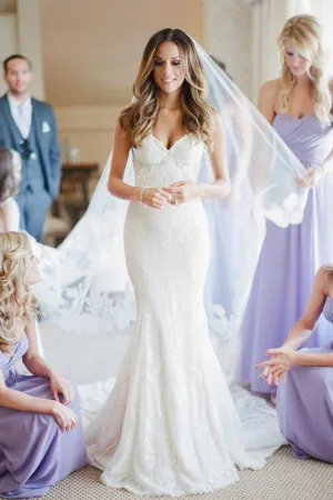 Roycebridal White Sweetheart Trumpet Lace Up Appliques Wedding Dresses with Sweep Train, MW255