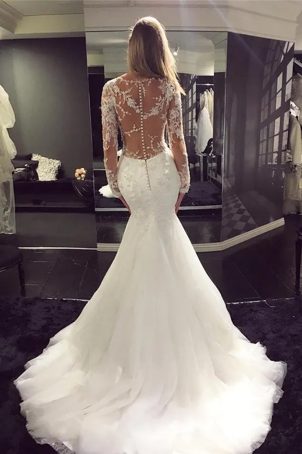 Roycebridal White Tulle Scoop Neck Long Sleeve Mermaid Sweep Train Lace Wedding Dresses, MW194