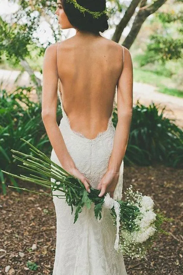 Roycebridal White V-neck Open Back Spaghetti Straps Wedding Dress with Sweep Train, MW231
