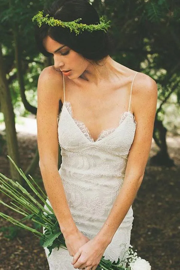 Roycebridal White V-neck Open Back Spaghetti Straps Wedding Dress with Sweep Train, MW231