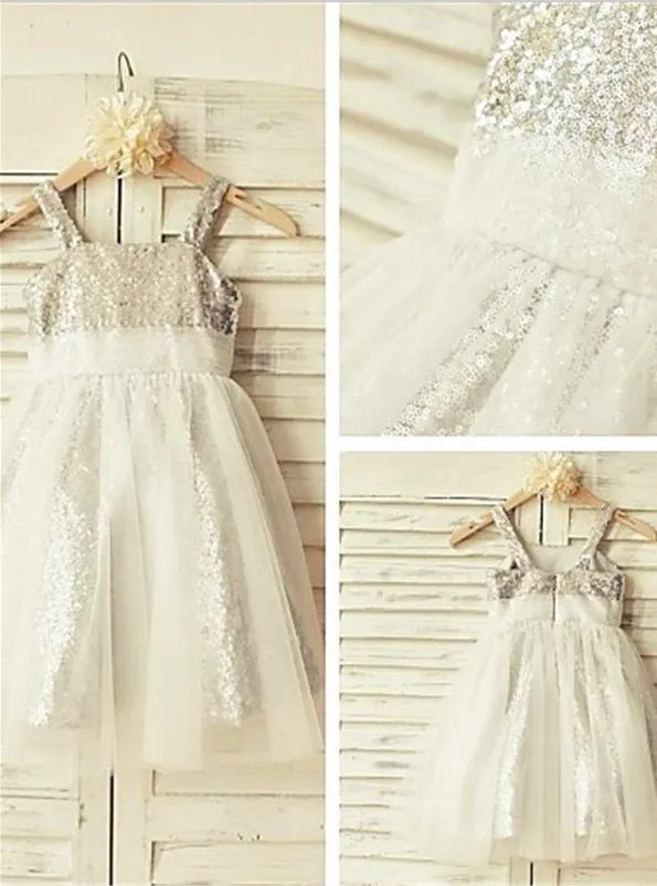Ruffles Sequins Princess Spaghetti Straps Sleeveless Flower Girl Dresses Floor Length Dress
