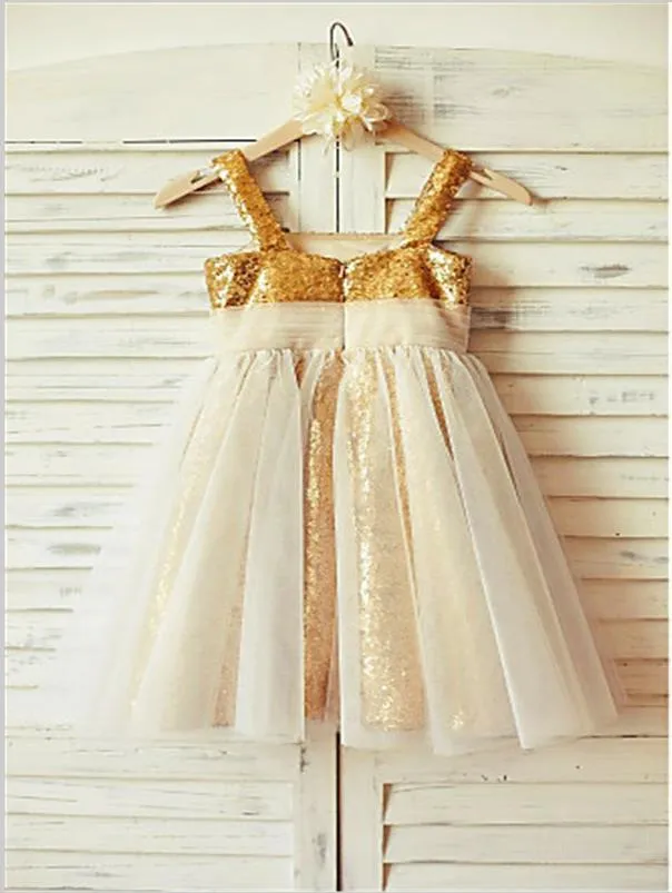 Ruffles Sequins Princess Spaghetti Straps Sleeveless Flower Girl Dresses Floor Length Dress