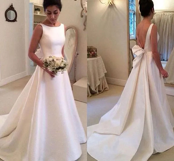 Satin Boat Neck Sleeveless Deep V Back Wedding Dresses With Sweep Train, MW112