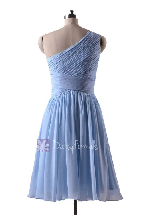 Short Vintage Blue Bridesmaid Dress Light Blue One Shoulder Chiffon Party Dress (BM351)