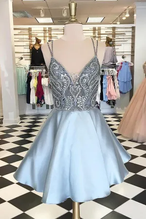 Silver V neck Beaded A-line Homecoming Dresses, Straps Short Prom Dress, MH338