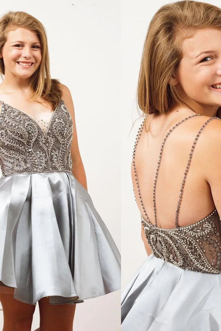 Silver V neck Beaded A-line Homecoming Dresses, Straps Short Prom Dress, MH338