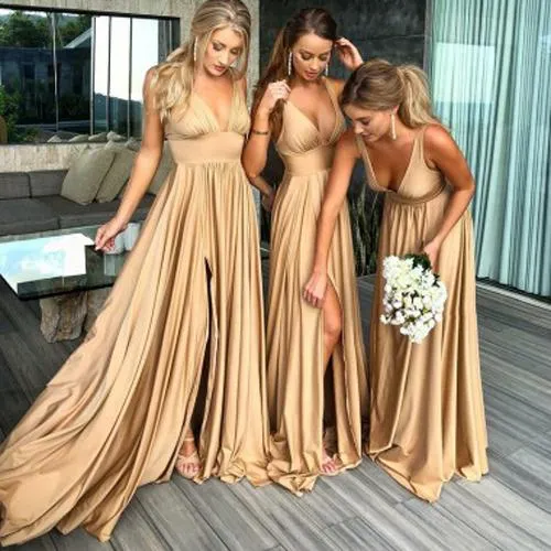 Simple Cheap A-Line V-Neck Floor-Length Long Bridesmaid Dress with Slit, MB203