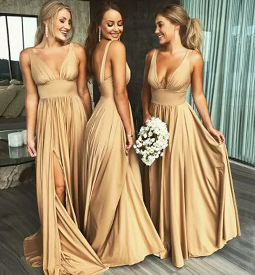 Simple Cheap A-Line V-Neck Floor-Length Long Bridesmaid Dress with Slit, MB203