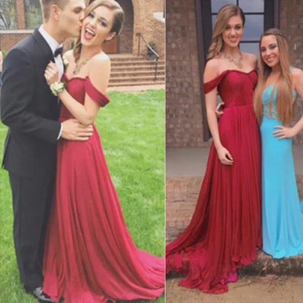 Simple Chiffon Red A Line Off Shoulder Ruffle Long Prom Dresses, MP259